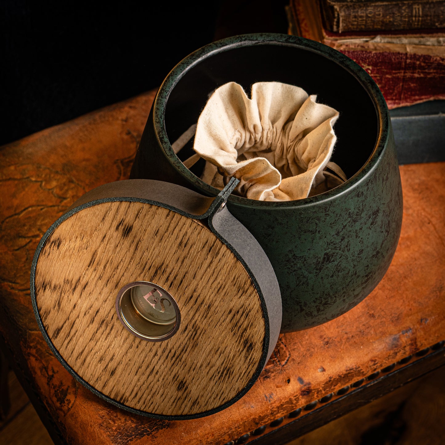 Human Urn for Cremation Ashes, Large Size for Full Ashes, Antique Emerald with Smoke Grey Leather. Personalised
