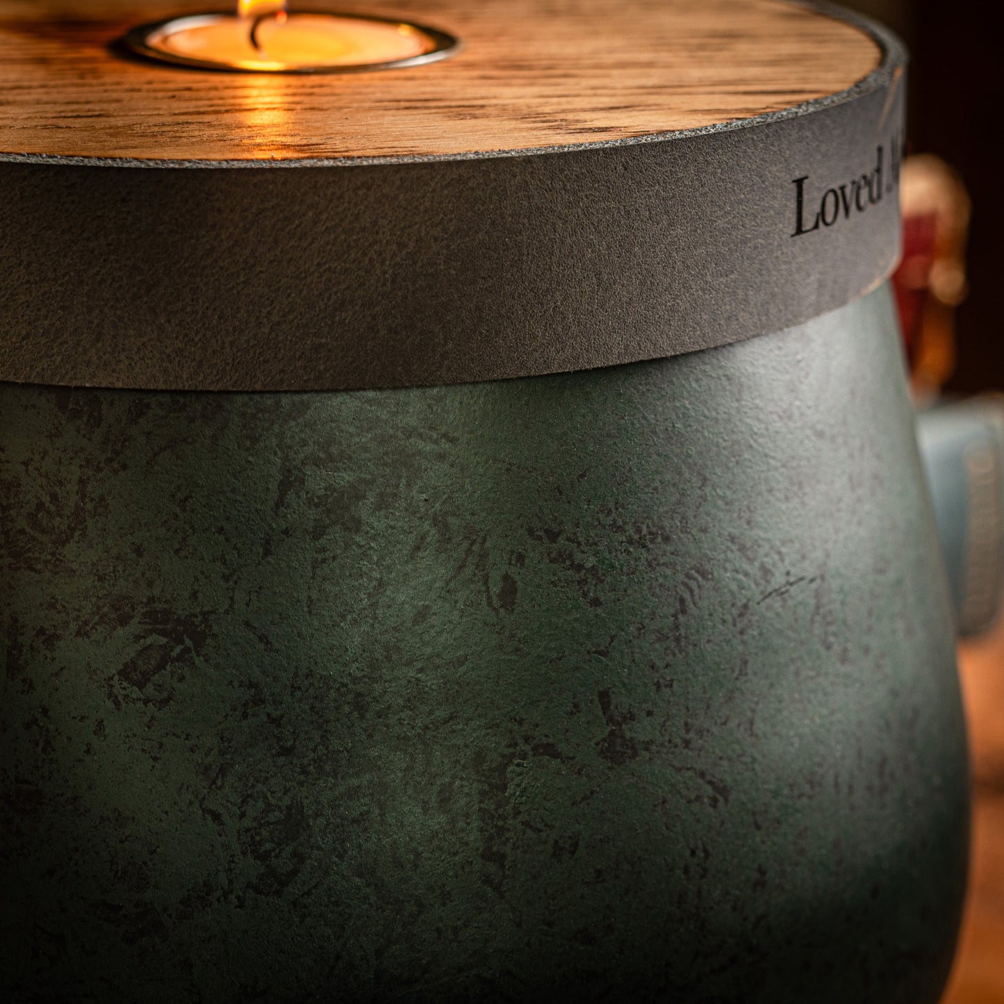 Human Urn for Cremation Ashes, Large Size for Full Ashes, Antique Emerald with Smoke Grey Leather. Personalised