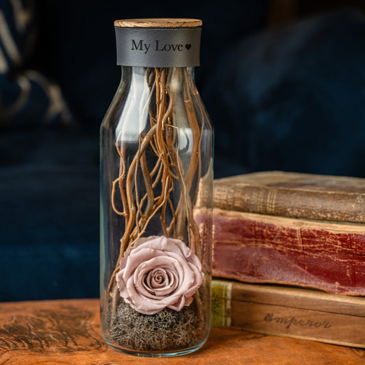 Preserved Vintage Nude Rose, Glass Vessel, Natural Materials, Cognac Brown Personalised Leather, Sentiment Gift