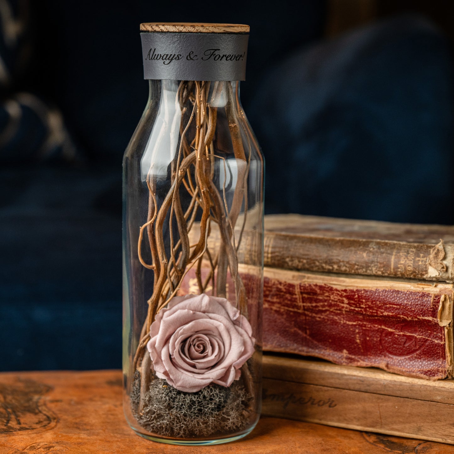 Preserved Vintage Nude Rose, Glass Vessel, Natural Materials, Cognac Brown Personalised Leather, Sentiment Gift