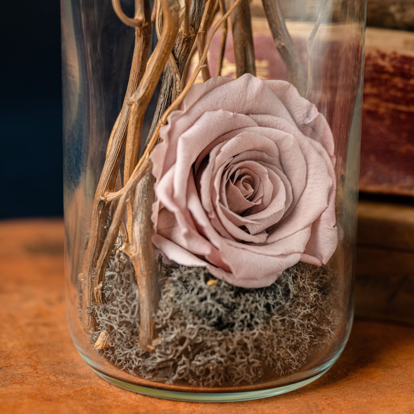 Preserved Vintage Nude Rose, Glass Vessel, Natural Materials, Cognac Brown Personalised Leather, Sentiment Gift