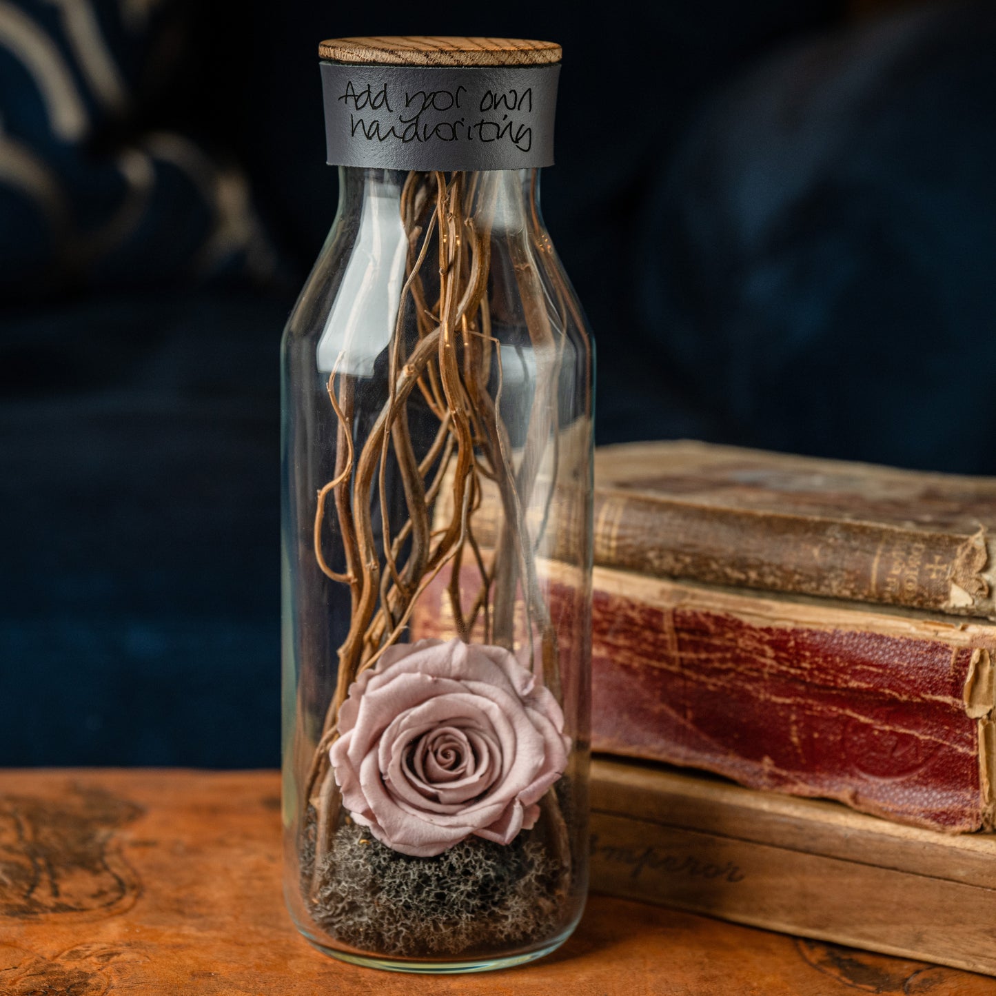 Preserved Vintage Nude Rose, Glass Vessel, Natural Materials, Cognac Brown Personalised Leather, Sentiment Gift