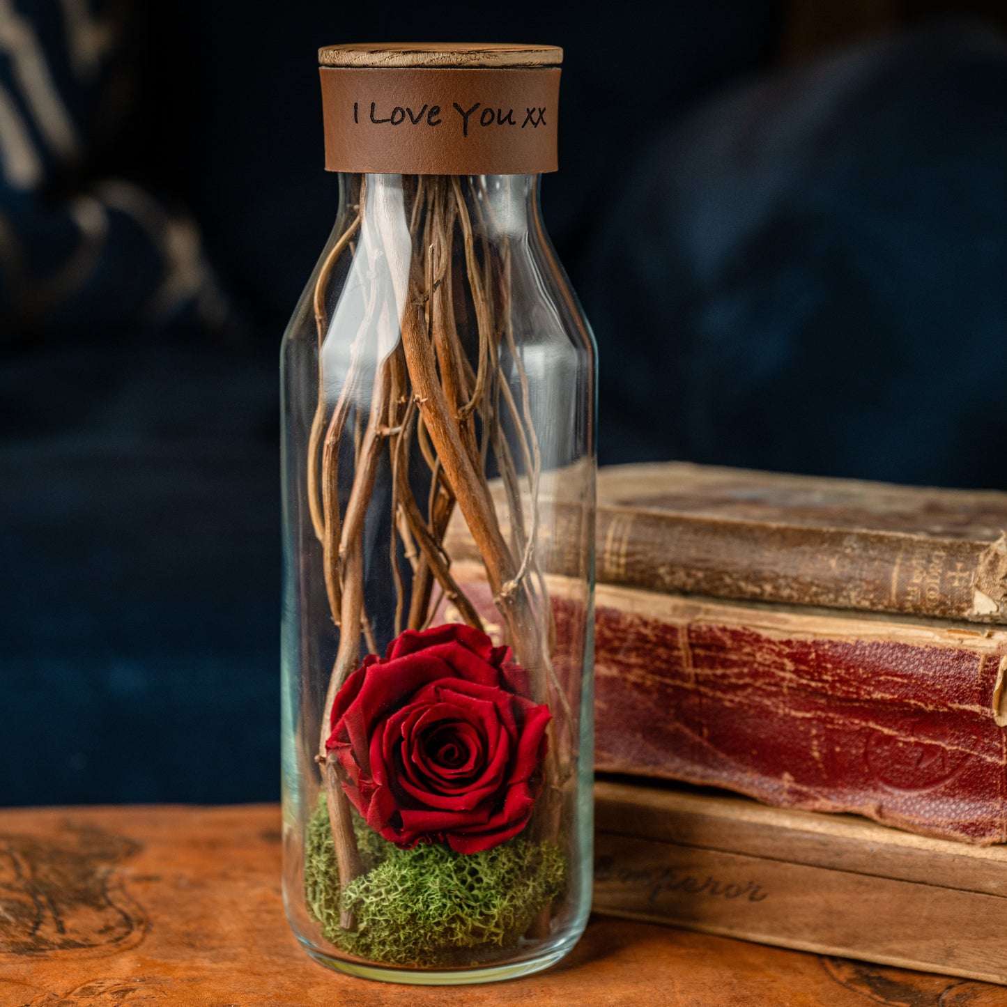 Preserved Rose in Deep Red, Glass Vessel, Natural Materials, Cognac Brown Personalised Leather, Sentiment Gift