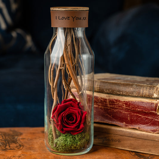 Preserved Rose in Deep Red, Glass Vessel, Natural Materials, Cognac Brown Personalised Leather, Sentiment Gift