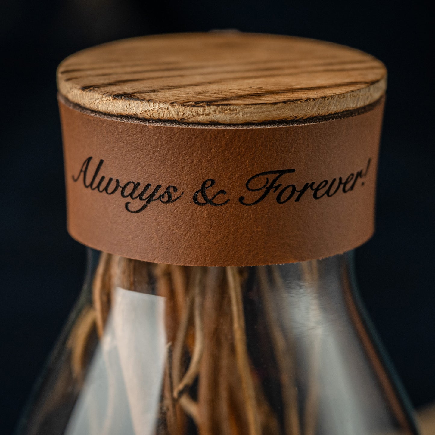 Preserved Rose in Deep Red, Glass Vessel, Natural Materials, Cognac Brown Personalised Leather, Sentiment Gift