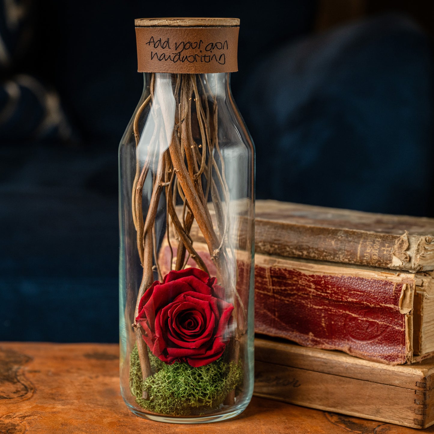 Preserved Rose in Deep Red, Glass Vessel, Natural Materials, Cognac Brown Personalised Leather, Sentiment Gift