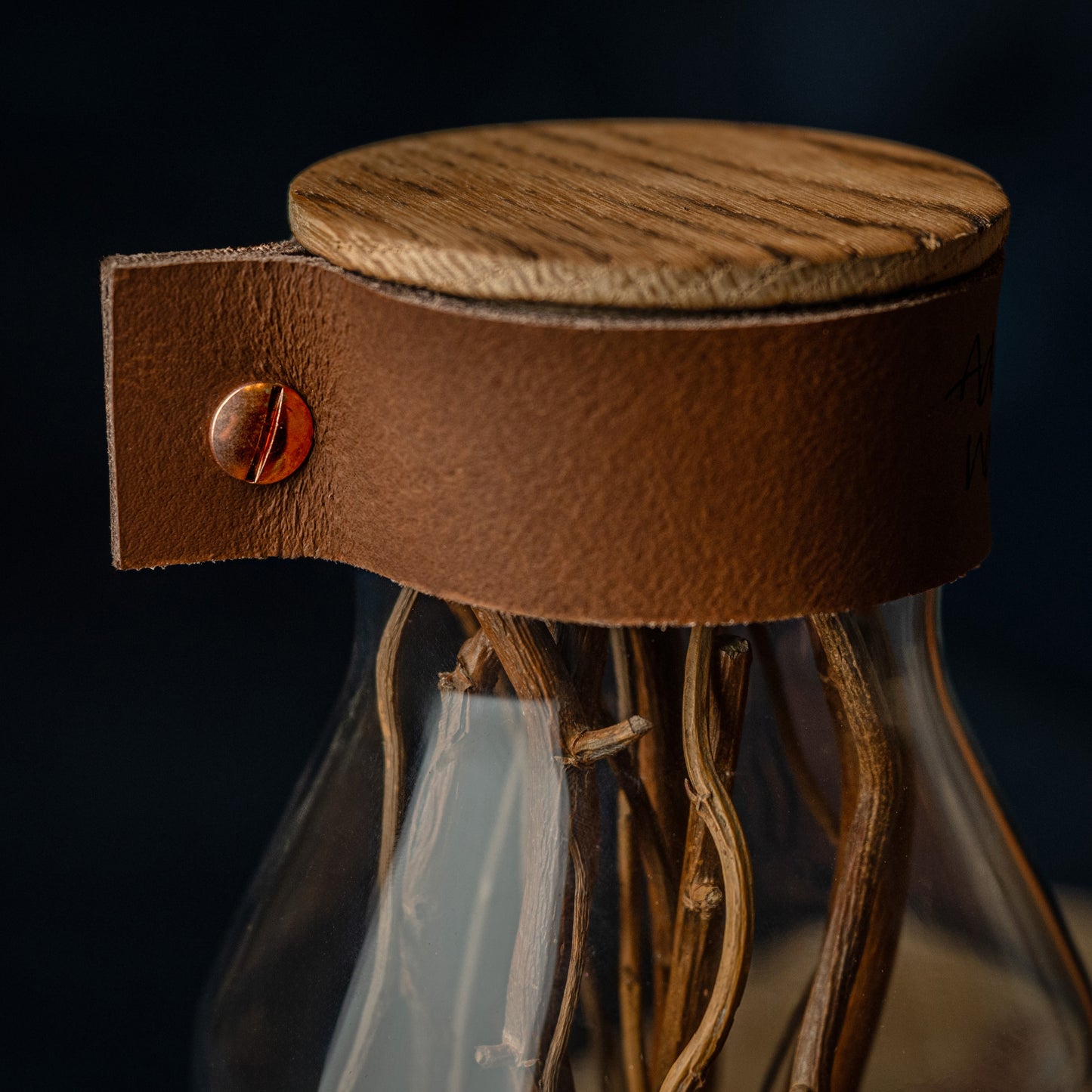 Preserved Rose in Deep Red, Glass Vessel, Natural Materials, Cognac Brown Personalised Leather, Sentiment Gift