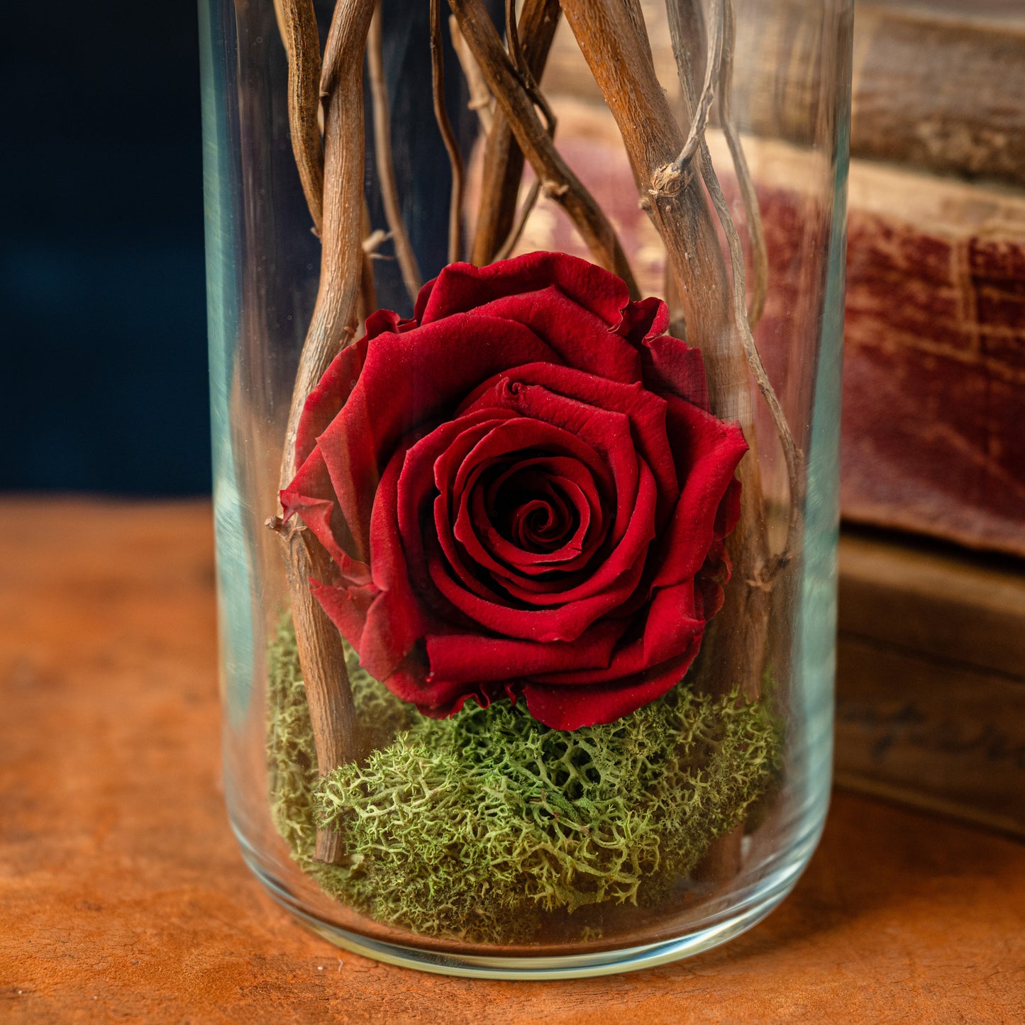 Preserved Rose in Deep Red, Glass Vessel, Natural Materials, Cognac Brown Personalised Leather, Sentiment Gift