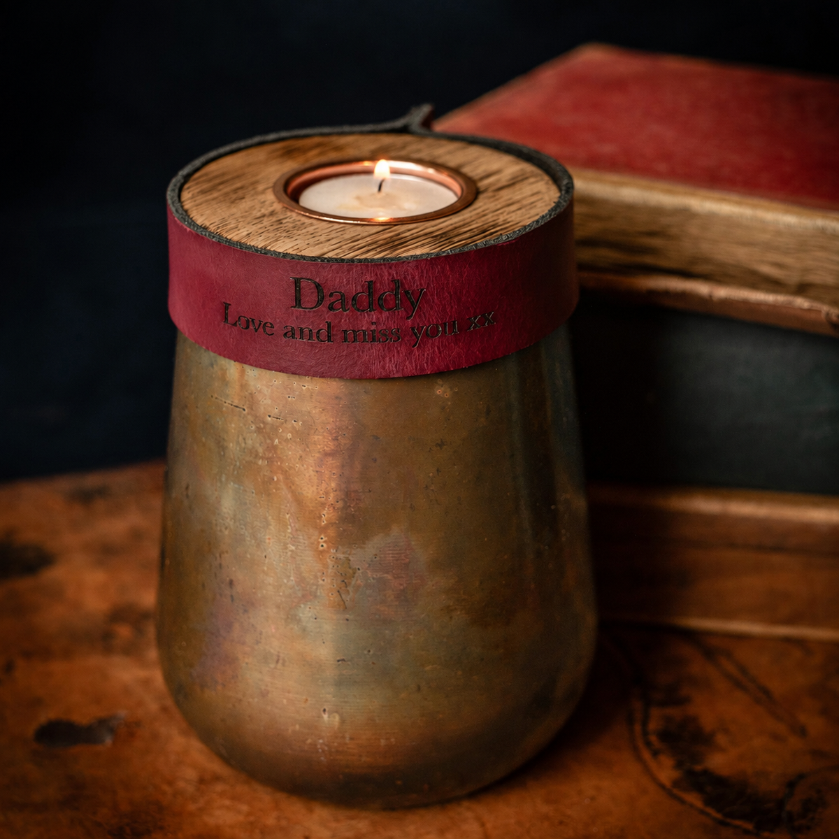 Industrial Antique Copper Urn for Human or Pet Ashes – Small, Personalized with Burgundy Leather