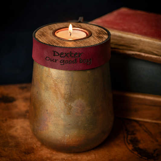 Industrial Antique Copper Urn for Human or Pet Ashes – Small, Personalized with Burgundy Leather