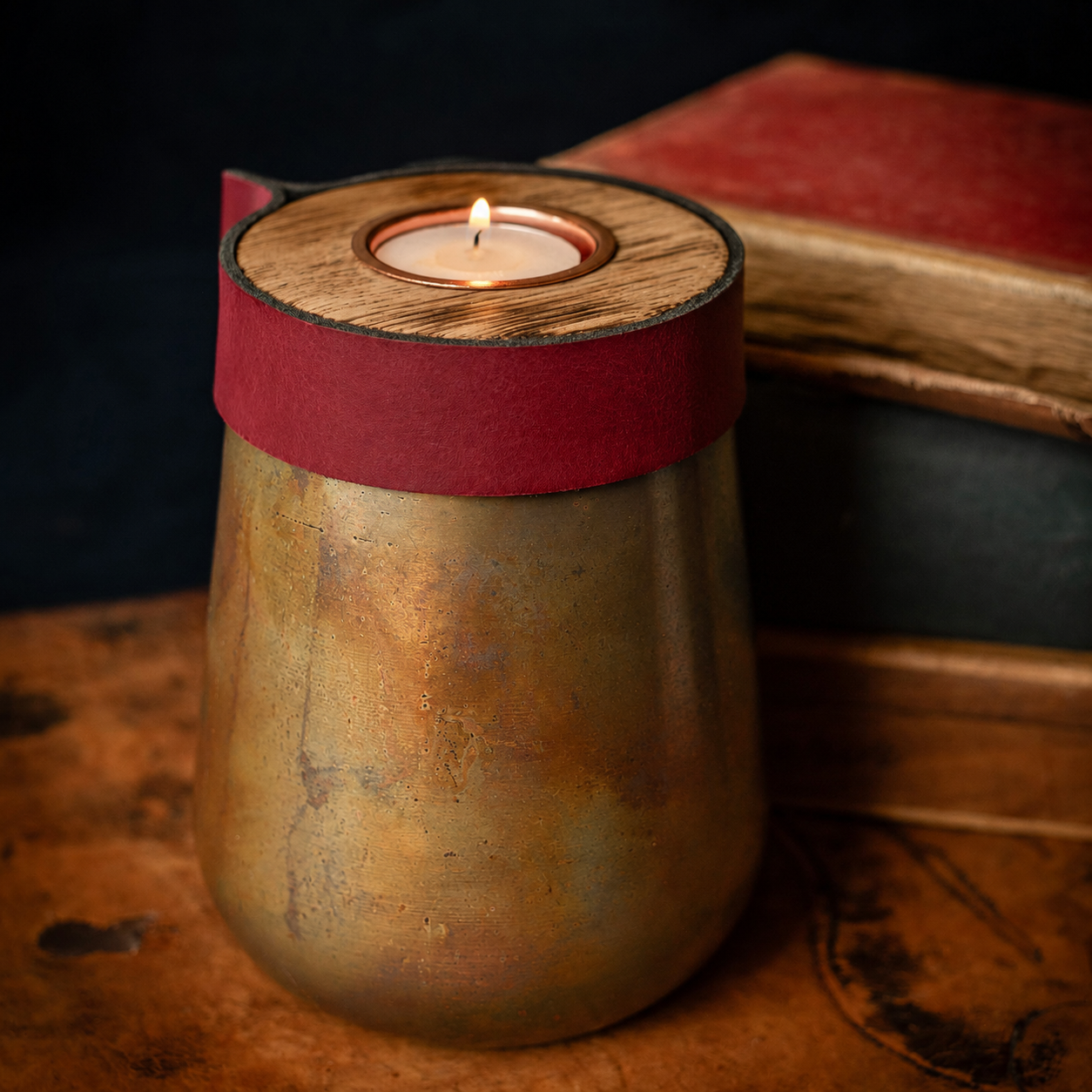 Industrial Antique Copper Urn for Human or Pet Ashes – Small, Personalized with Burgundy Leather