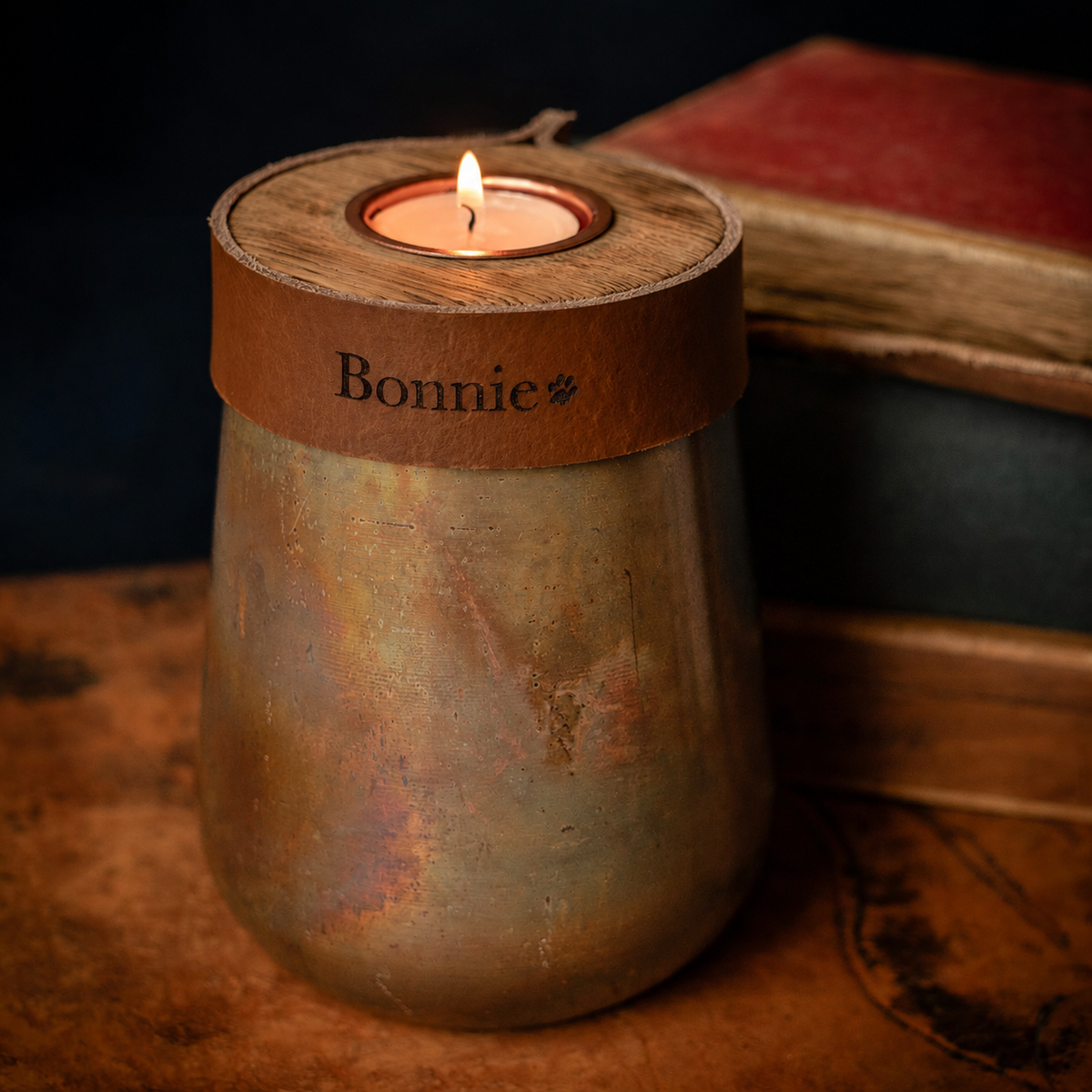 Industrial Antique Copper Urn for Human or Pet Ashes – Small, Personalized with Cognac Leather