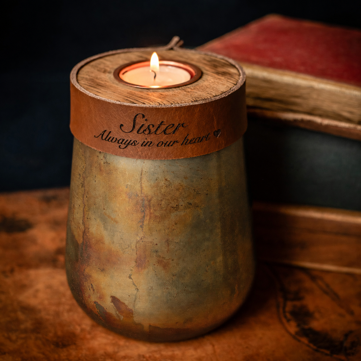 Industrial Antique Copper Urn for Human or Pet Ashes – Small, Personalized with Cognac Leather
