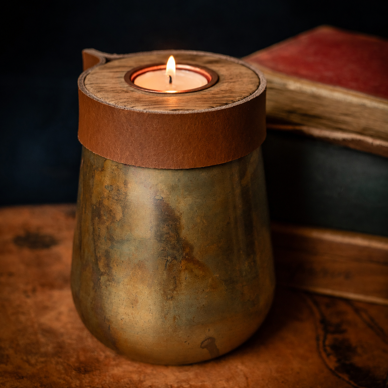 Industrial Antique Copper Urn for Human or Pet Ashes – Small, Personalized with Cognac Leather
