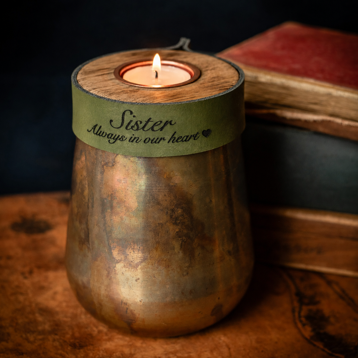 Industrial Antique Copper Urn for Human or Pet Ashes – Small, Personalized with Racing Green Leather