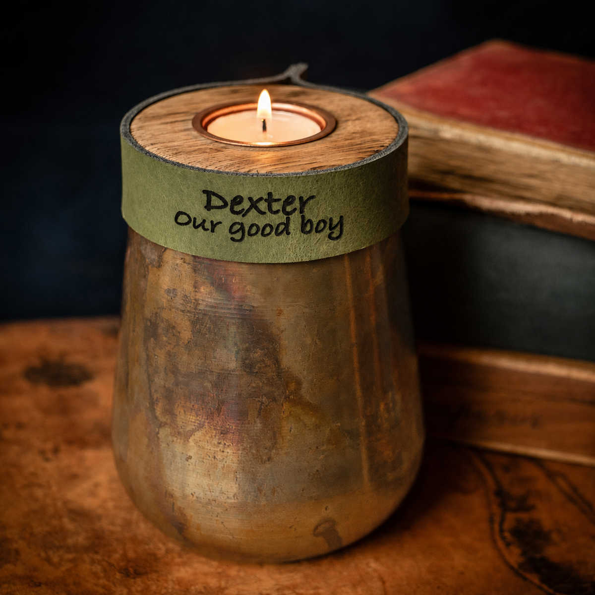 Industrial Antique Copper Urn for Human or Pet Ashes – Small, Personalized with Racing Green Leather