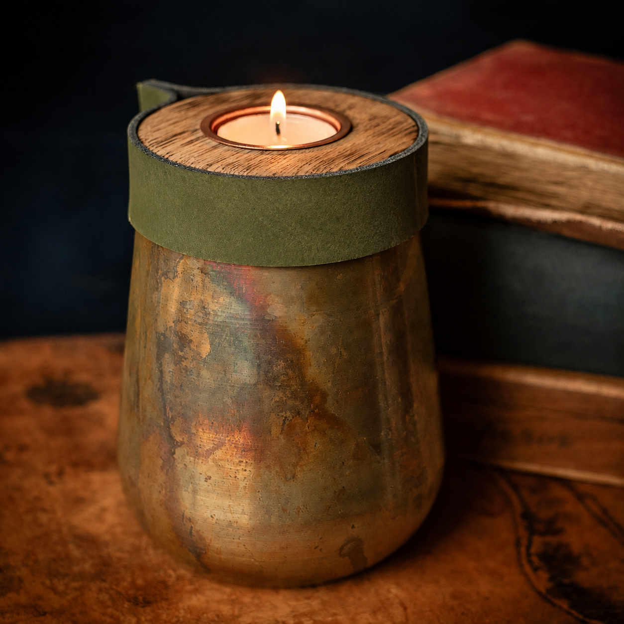 Industrial Antique Copper Urn for Human or Pet Ashes – Small, Personalized with Racing Green Leather