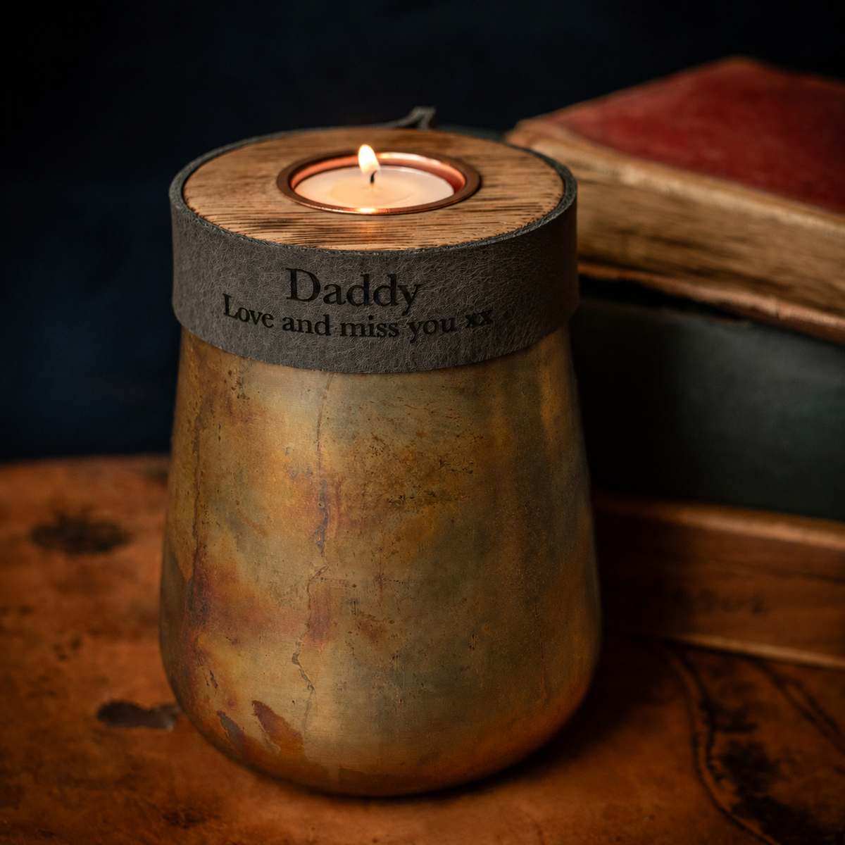 Industrial Antique Copper Urn for Human or Pet Ashes – Small, Personalized with Smoke Grey Leather
