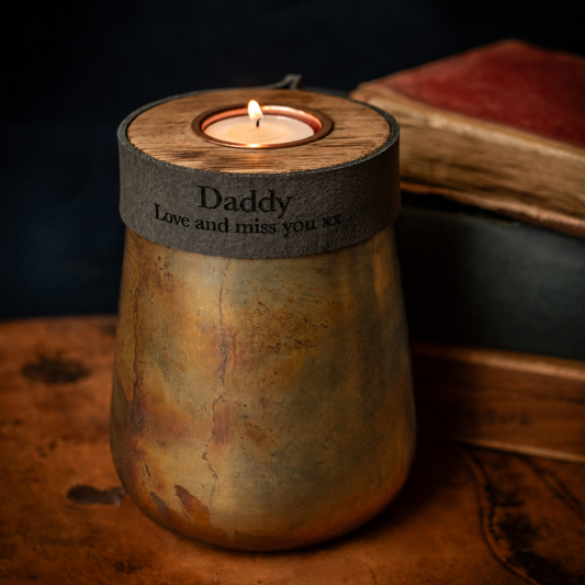 Industrial Antique Copper Urn for Human or Pet Ashes – Small, Personalized with Smoke Grey Leather