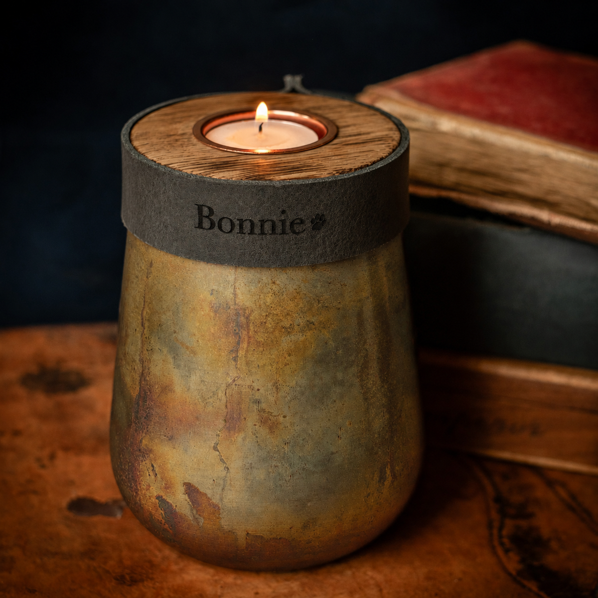 Industrial Antique Copper Urn for Human or Pet Ashes – Small, Personalized with Smoke Grey Leather