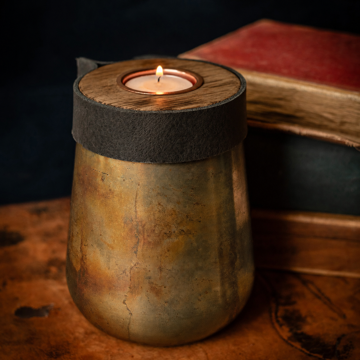 Industrial Antique Copper Urn for Human or Pet Ashes – Small, Personalized with Smoke Grey Leather